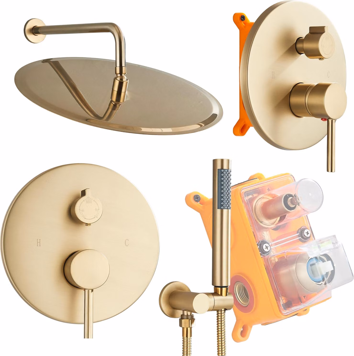 Set doccia incasso Ari con box, soffione rotondo 40 cm, miscelatore in ottone, finitura oro spazzolato, cartuccia Vetroceramica