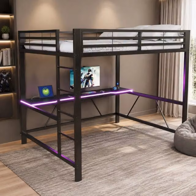 Letto a soppalco 160x200 cm con scrivania e LED in MDF e metallo nero