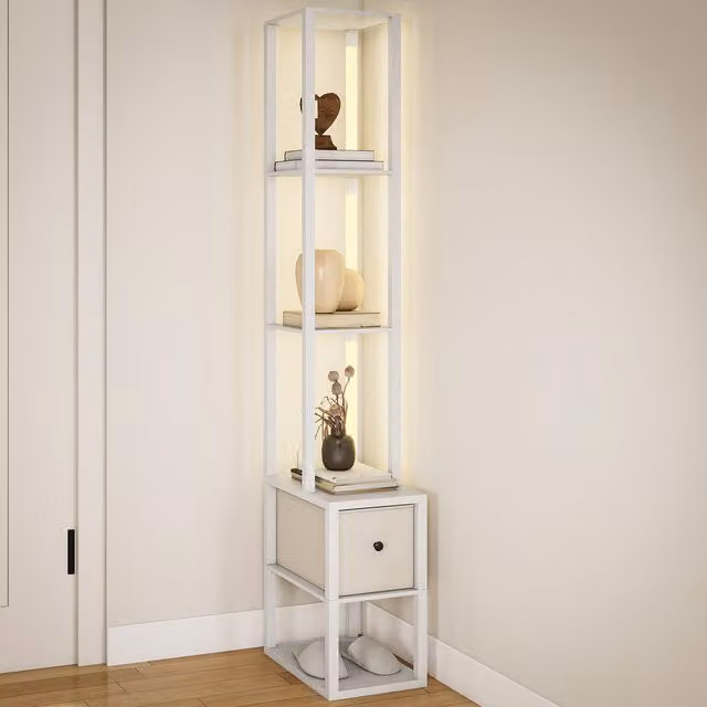 Lampada da terra moderna HOMCOM con ripiani aperti, cassetto in tessuto e interruttore a pedale, colore bianco