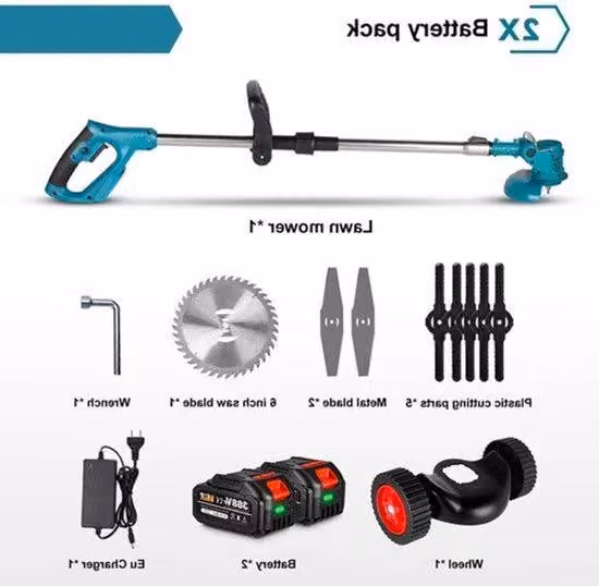 Tosaerba elettrico - Tosaerba - Diserbatrice - Tosaerba - 1500W - Tosaerba senza fili - 12000 giri/minuto - con ruote - attrezzo da giardino - 2 batterie - set di tosaerba - utensile per tosaerba