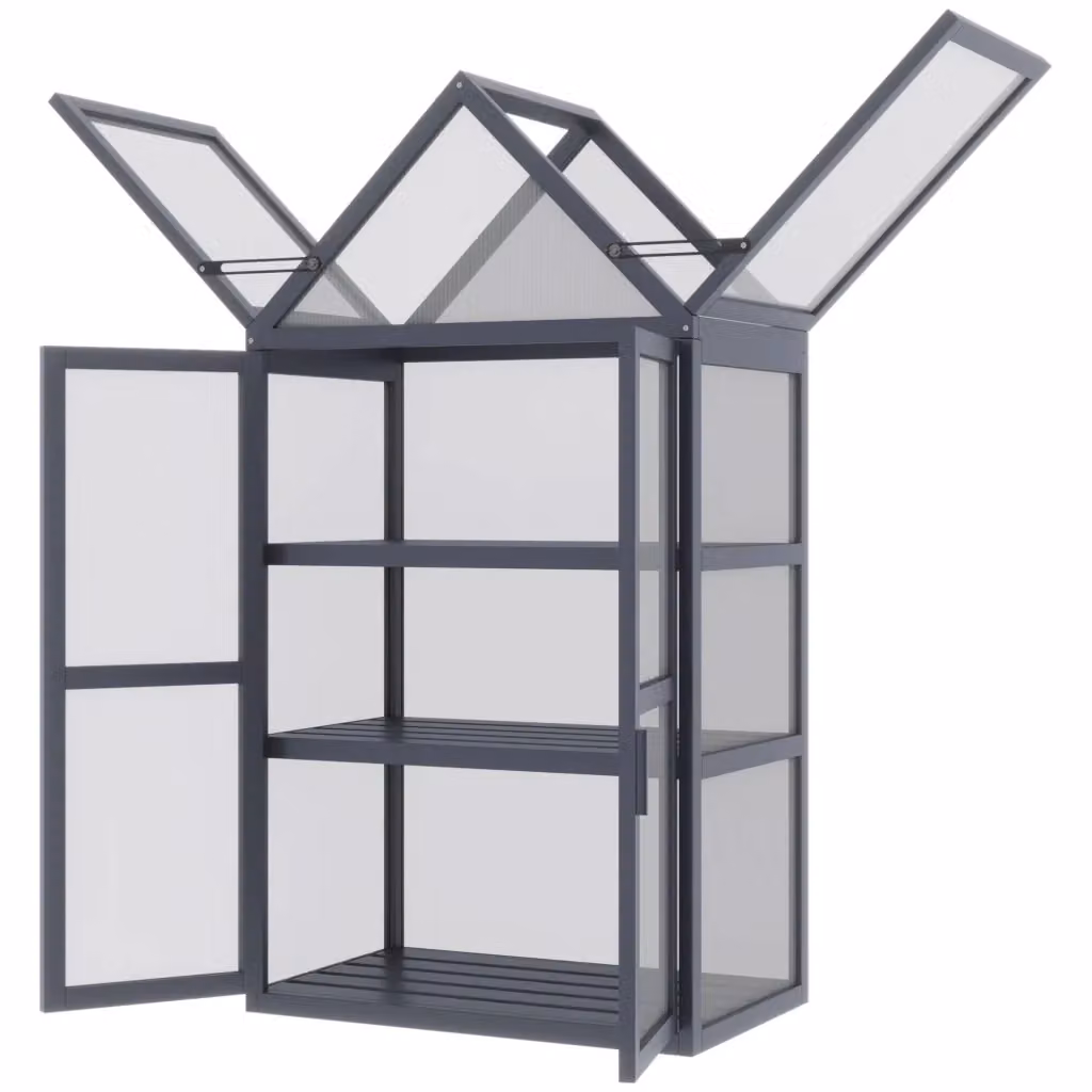 Serra da giardino Xylo in legno e policarbonato con tetto apribile e 3 livelli, colore grigio, L: 70,5 cm, P: 42 cm, H: 132 cm – 2