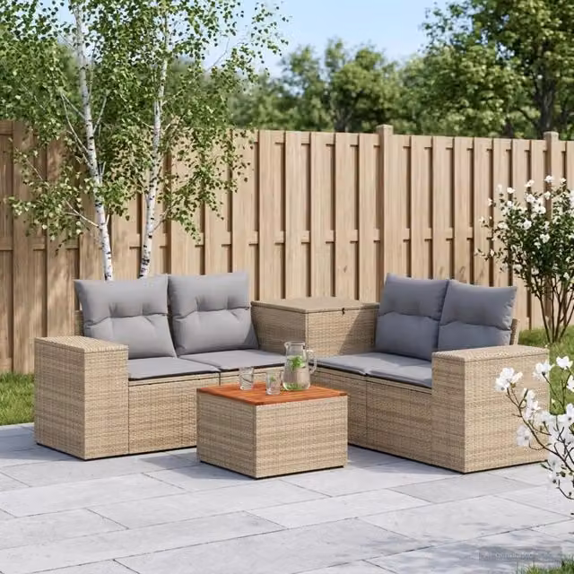 Set di divani da giardino a forma di L vidaXL in polyrattan con tavolino e pouf, beige e grigio – 1