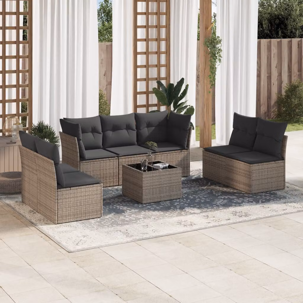 vidaXL Set Divano da Giardino 8 pz in Polyrattan Grigio con Cuscini e Tavolino da Esterno – 1