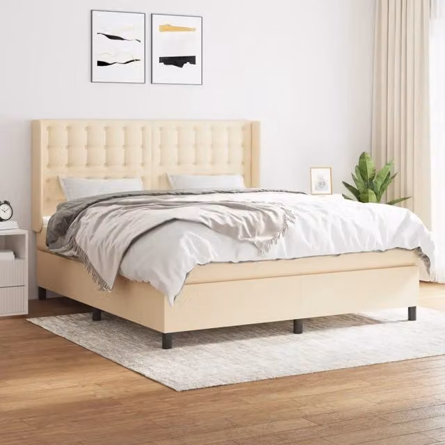 Letto Ibrido vidaXL con Giroletto a Molle e Materasso in Tessuto Beige e Bianco L/P/H: 160 x 200 x 25 cm