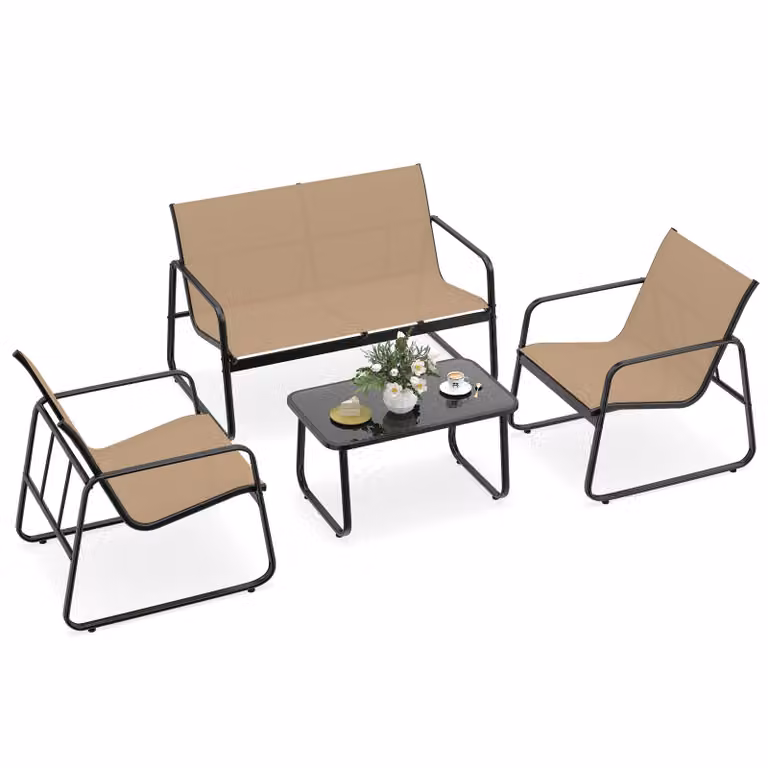 COSTWAY Set di mobili da giardino 4 pezzi, mobili da terrazza con tessuto traspirante, set di sedute, set da giardino, set di sedute incl. 2 sedie, panca e tavolo marroni