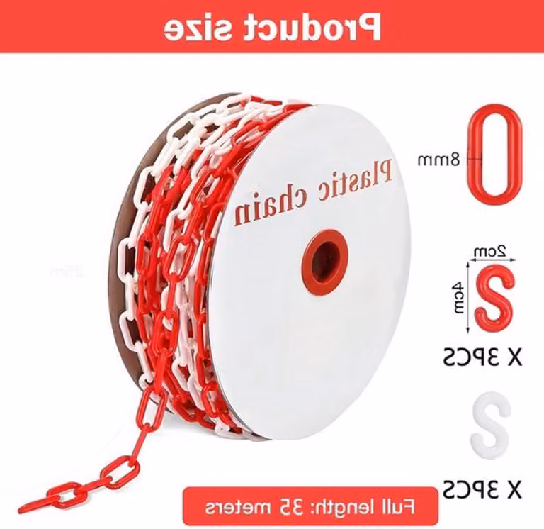 Catena di sicurezza in plastica rossa e bianca, lunga 35 metri, con 6 ganci a forma di S, ideale per la sicurezza nei cantieri e negli eventi