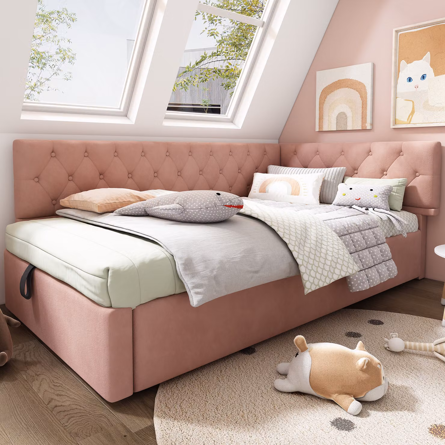 Letto imbottito okwish 90x200, divano letto con spazio contenitore idraulico, divano letto con rete a doghe, senza materasso, color rosa