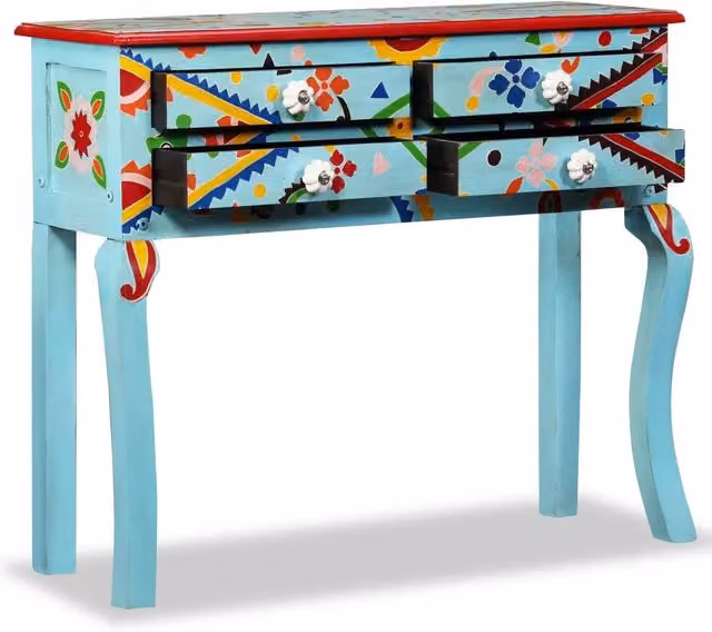 Consolle in Legno Massello di Mango Blu Dipinta a Mano 244596