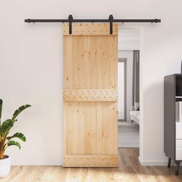 Porta scorrevole moderna vidaXL in legno e acciaio, colore naturale e nero, L: 80 cm, H: 210 cm