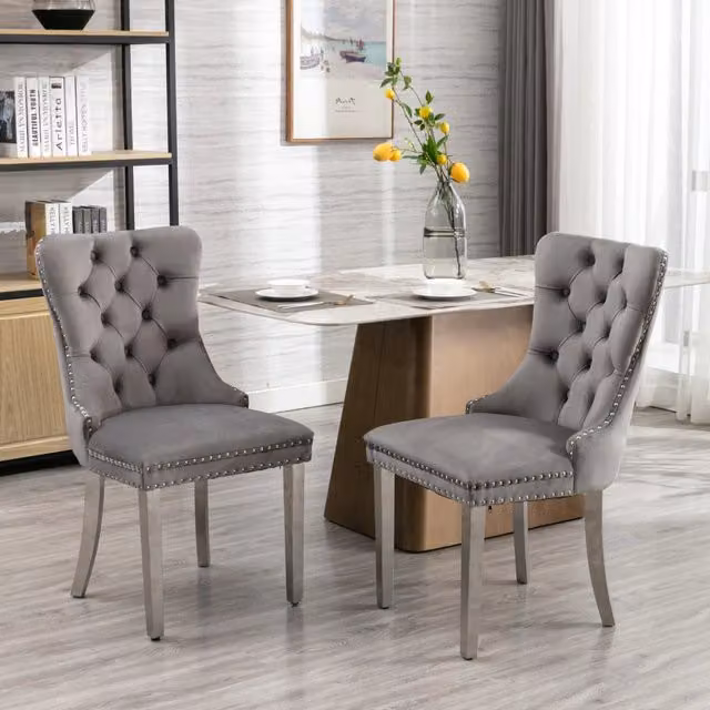 Set di 2 sedie da pranzo imbottite in velluto grigio con gambe in metallo e legno MINIMAL