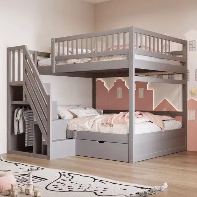 Letto a castello 140x200 cm con scala contenitore e cassetti in legno grigio