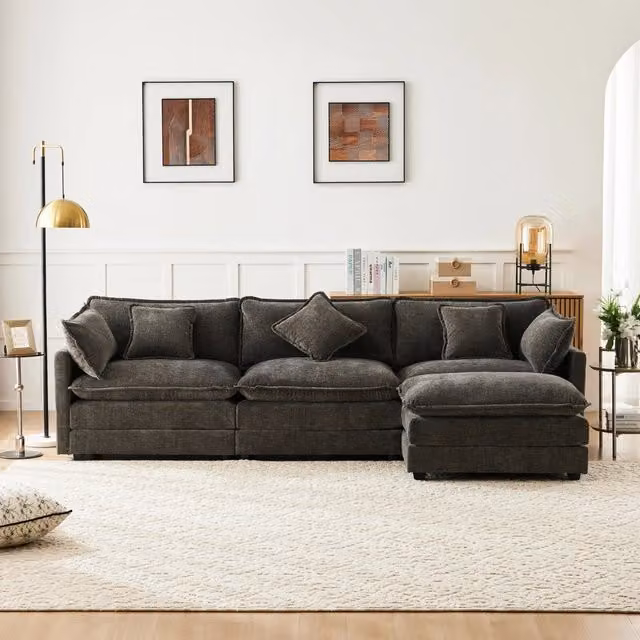 Divano Angolare 3 Posti Reversibile MINIMAL in Tessuto Grigio con Poggiapiedi e Cuscini, L/P/H: 283 x 147 x 84 cm