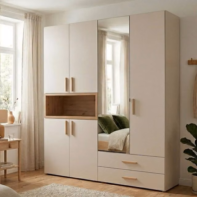 Armadio con ante scorrevoli DMORA per camera da letto, design moderno con specchio e ripiani interni, Bianco e Beige, L: 179 cm, H: 226.5 cm – 1