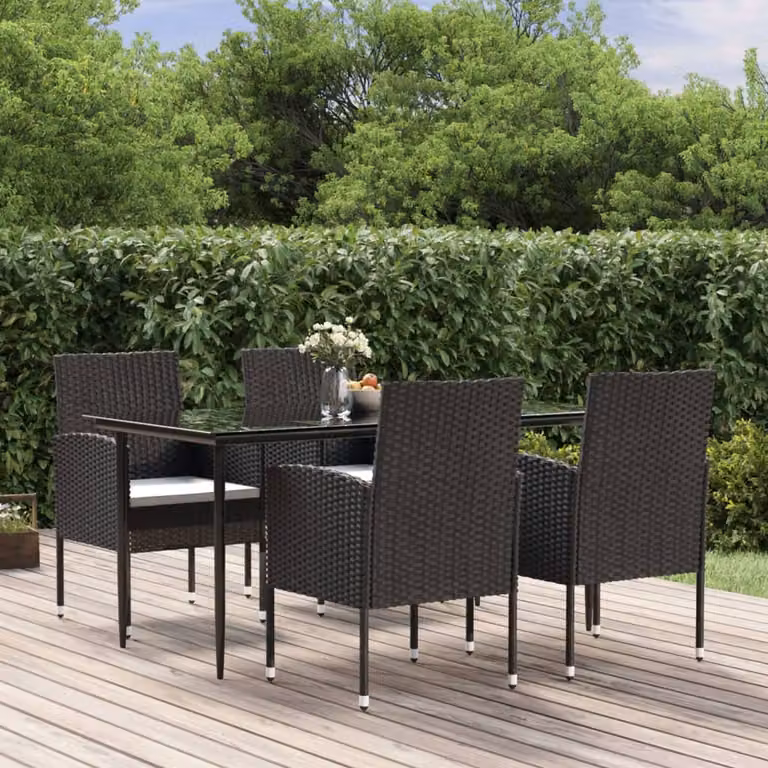 Set da pranzo da giardino vidaXL in polyrattan nero con cuscini e tavolo in vetro per 5 persone