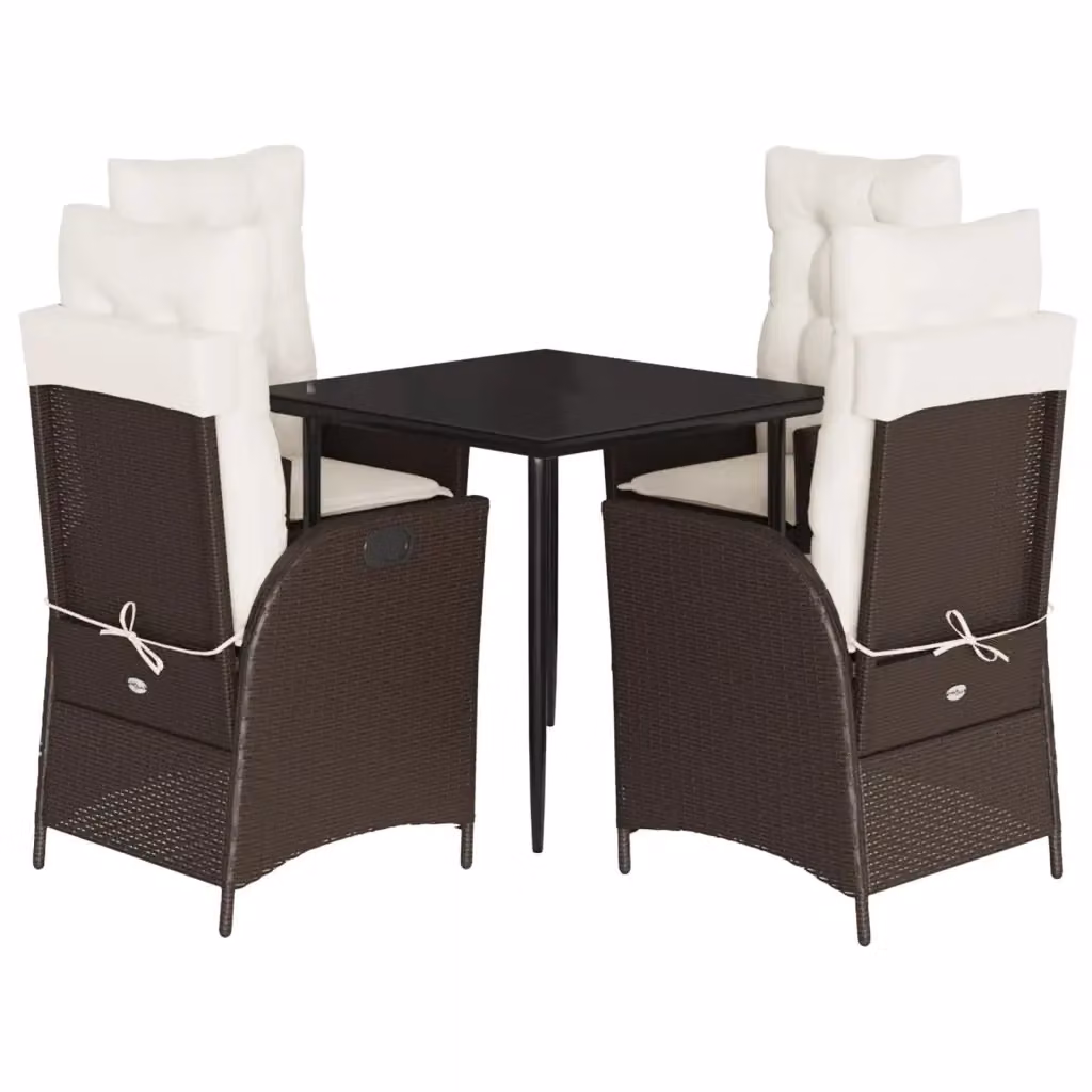 Set da Pranzo da Giardino 5pz vidaXL in Polyrattan Marrone con Piano in Vetro e Cuscini – 2