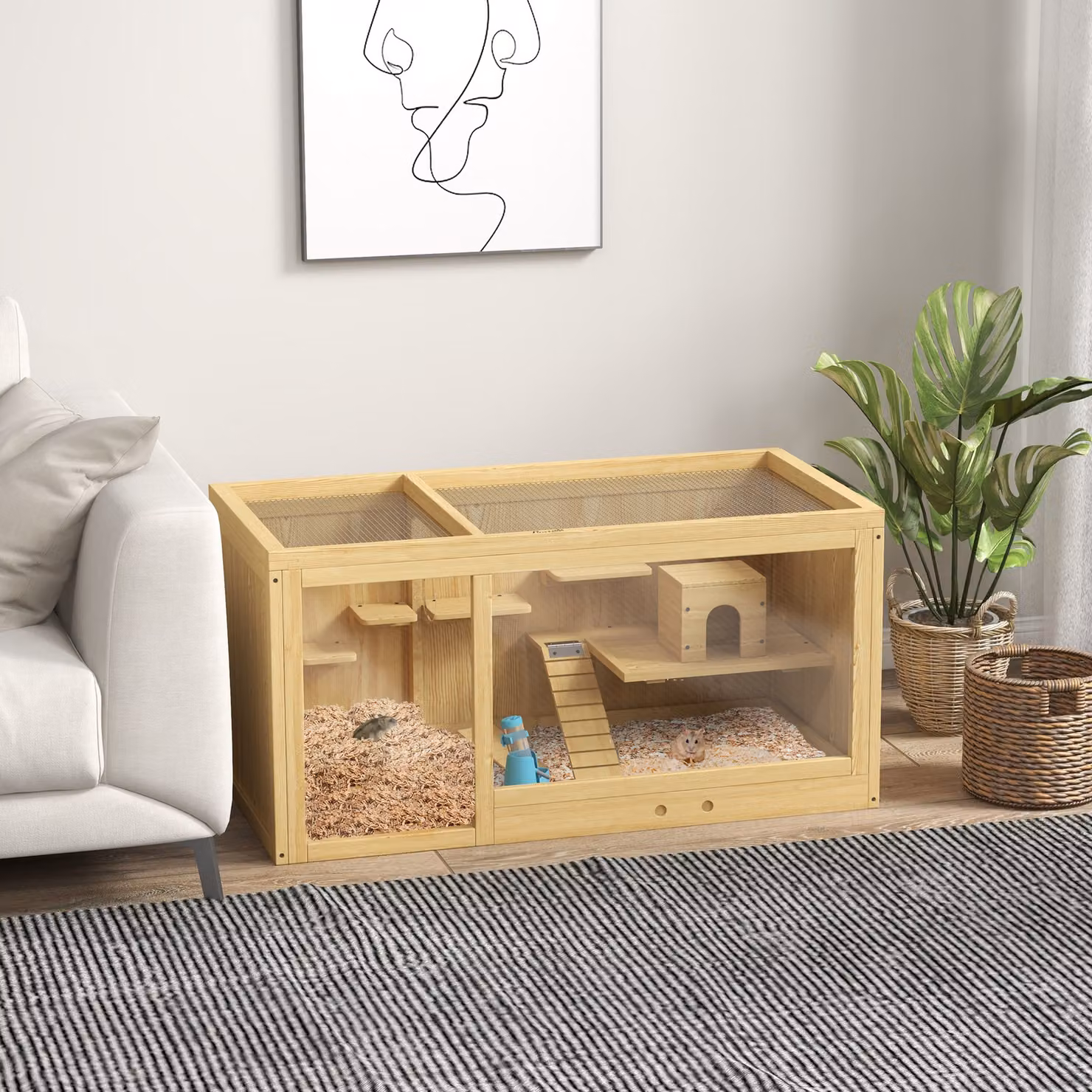 Gabbia per piccoli animali in legno di abete PawHut, colore naturale beige, con ciotola e bevitore inclusi, L 100 x P 50 x H 50 cm – 2