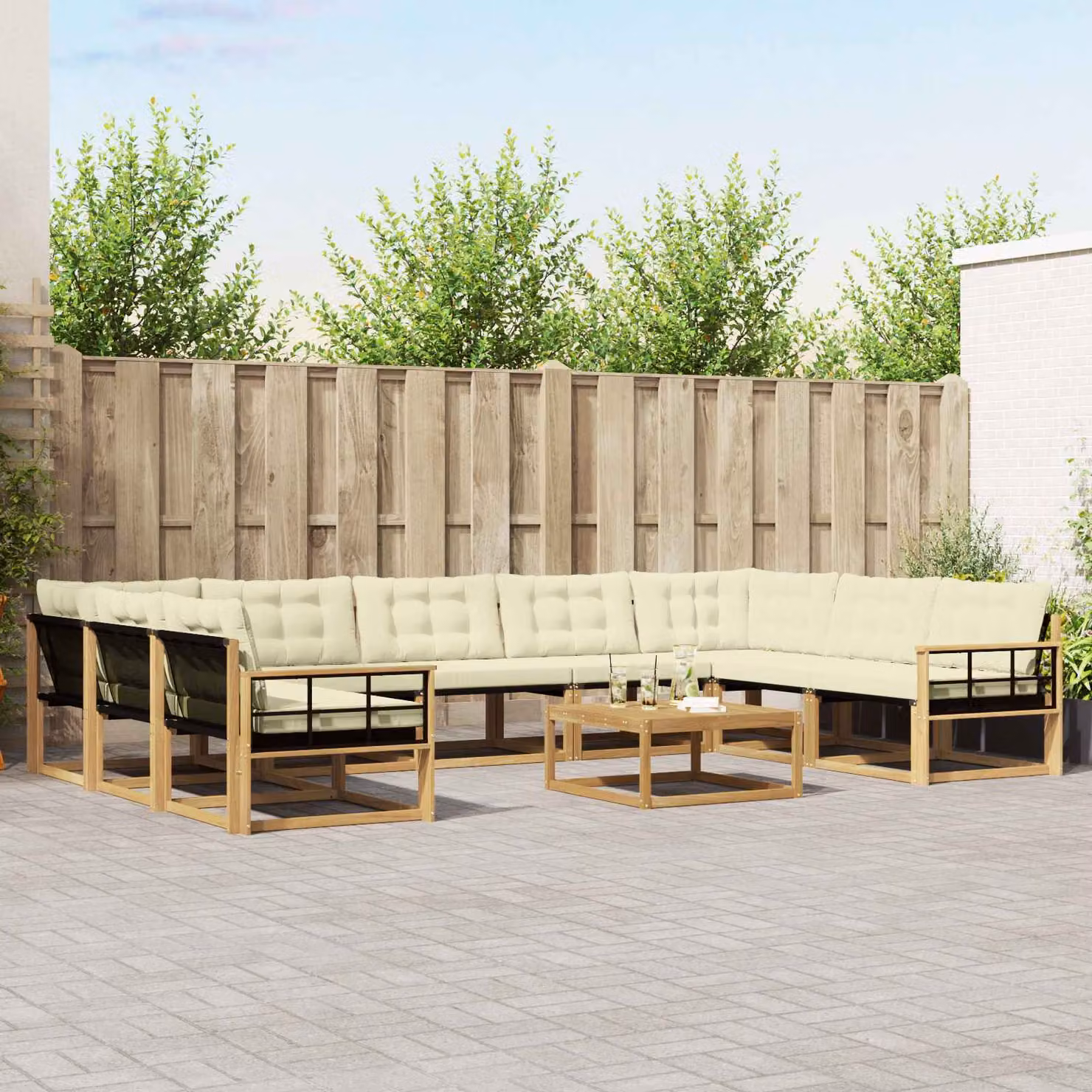vidaXL Set di divani da esterno a forma di U con tavolino da caffè, 10 pezzi, Bianco e Beige, in legno di acacia e tessuto textilene