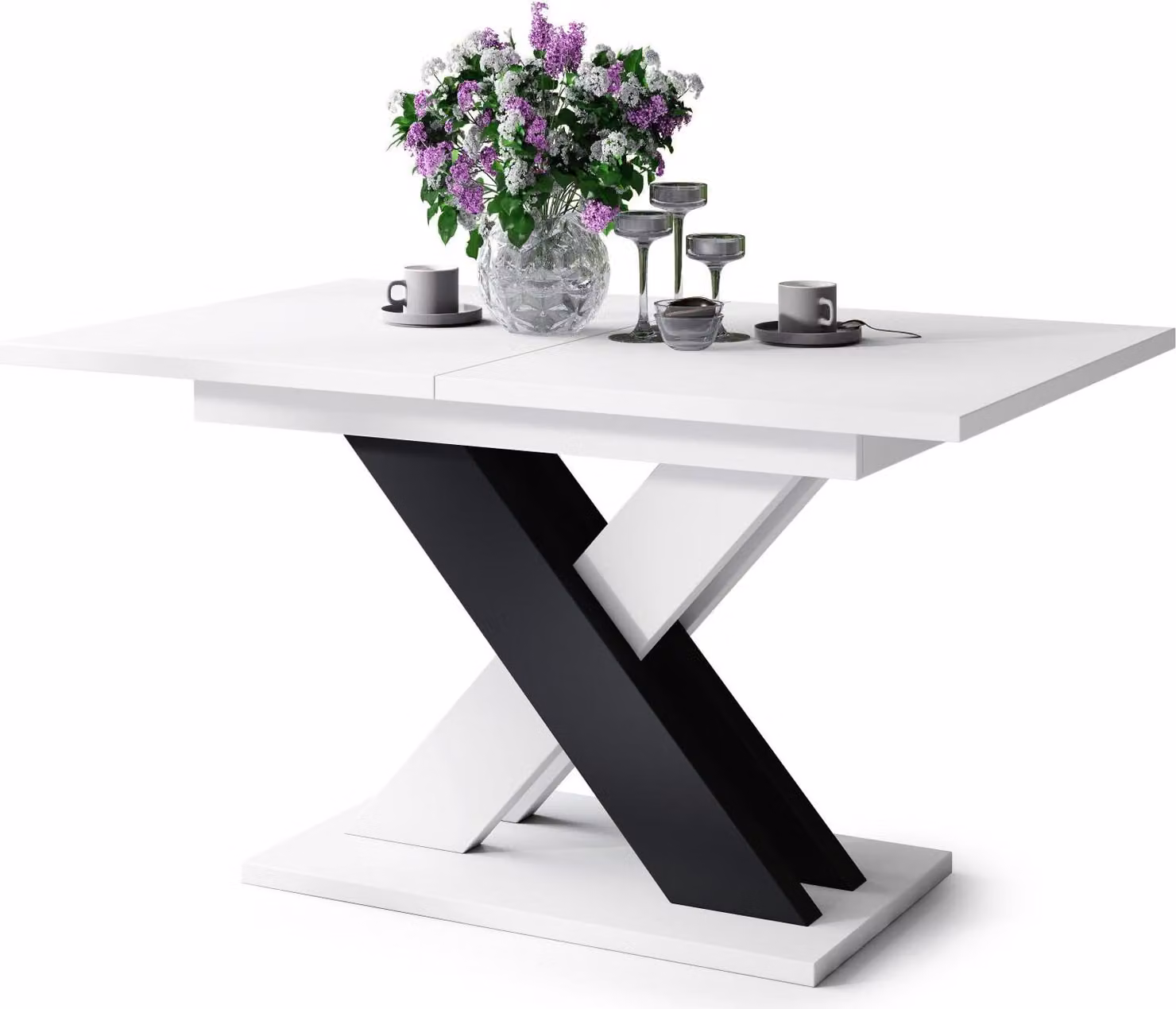 Tavolino All4All Katris, tavolino da soggiorno, tavolino da caffè, tavolo con gambe a forma di "X", allungabile, tavolo da pranzo, coffee table, 140x90 cm, bianco e nero
