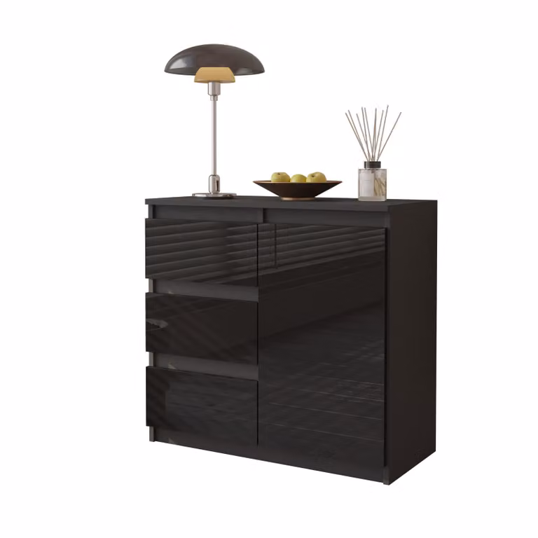 Cassettiera 80 Cm Antracite / Nero Lucido, 3 Cassetti, 1 Anta, 1 Ripiano, Soggiorno