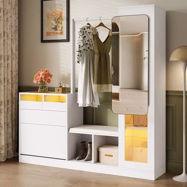 Set d'ingresso 6 in 1 - Xylo - Con specchiera, armadio scarpe e illuminazione LED a cambio colore