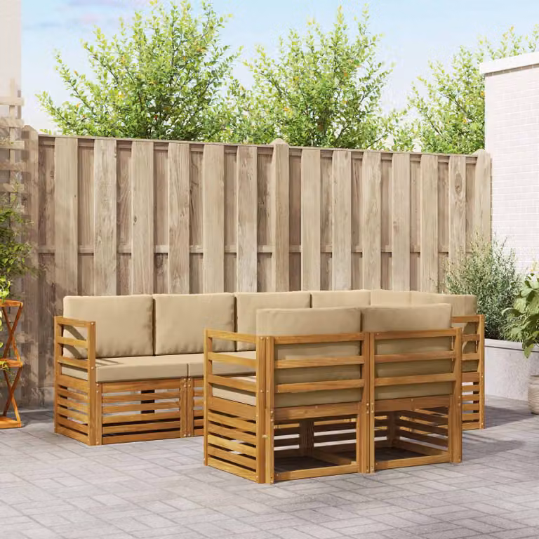 Set di divani da esterno vidaXL 7 pz in legno di acacia e poliestere beige e bianco con cuscini inclusi