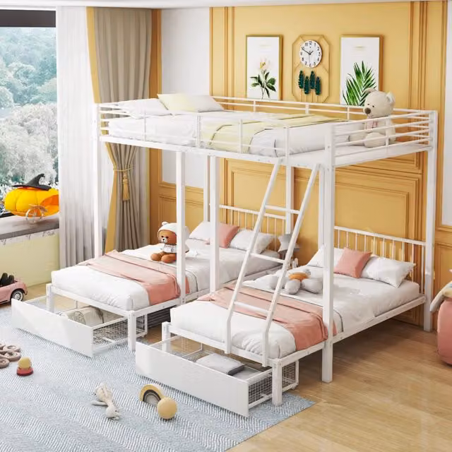 Letto a castello 3 posti 140×200 cm e due 90×200 cm, con 2 cassetti e mensola, senza materasso, metallo bianco