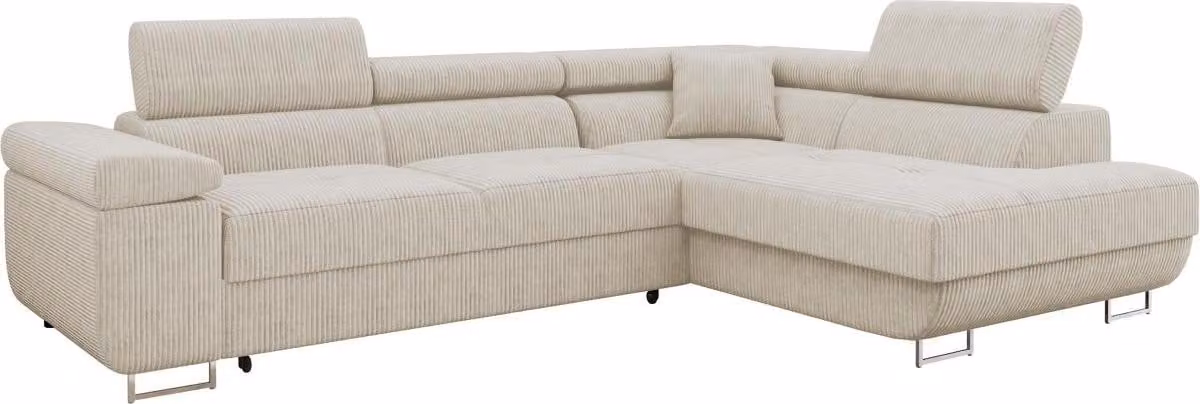 MIRJAN24 Divano angolare Torezio Cord, Elegante divano angolare con box letto e funzione notte, Poggiatesta regolabili, 274x203x70-90 cm (Colore: Poso 100, Lato: Destro)