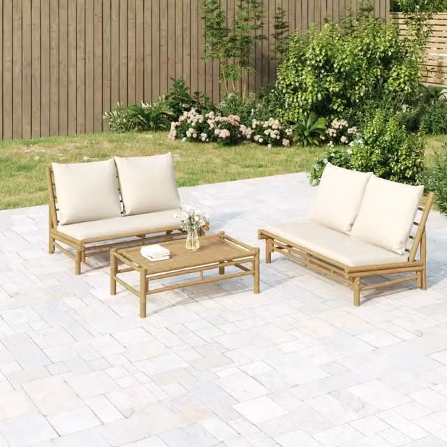 Set Salotto da Giardino vidaXL in Bambù con Divano a 2 Posti, Tavolino e Cuscini Bianco e Beige