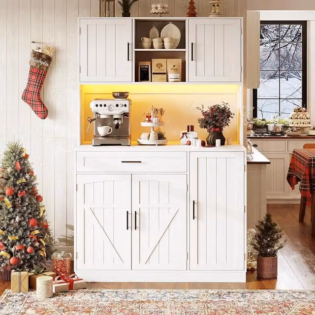 Armadio laterale per cucina - Xylo - 110x38x180cm - Bianco - Stile cottage, 5 porte, LED e presa elettrica