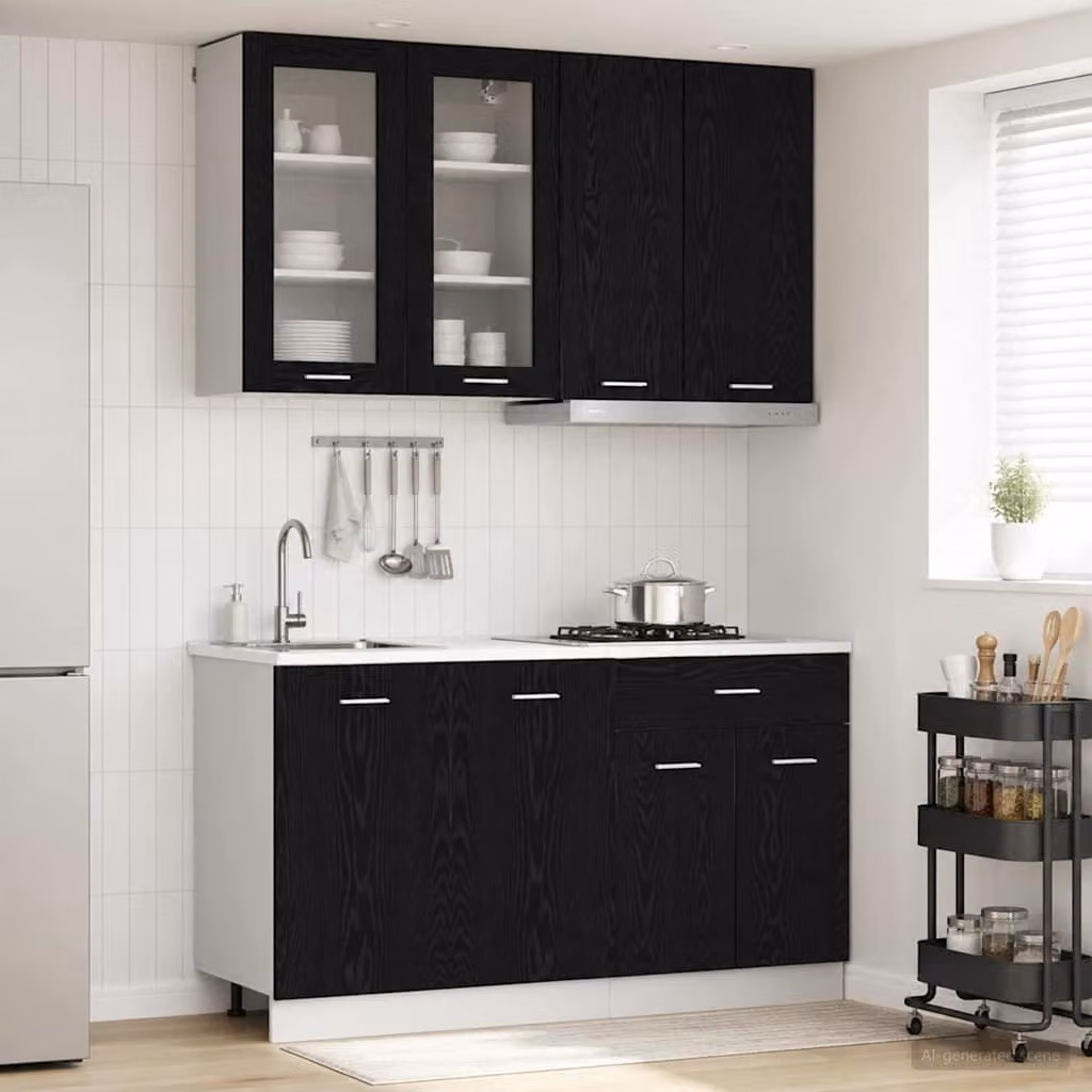 Set di 4 unità cucina moderna vidaXL LYON in legno ingegnerizzato e rovere, colore nero con ante in vetro e ripiani interni