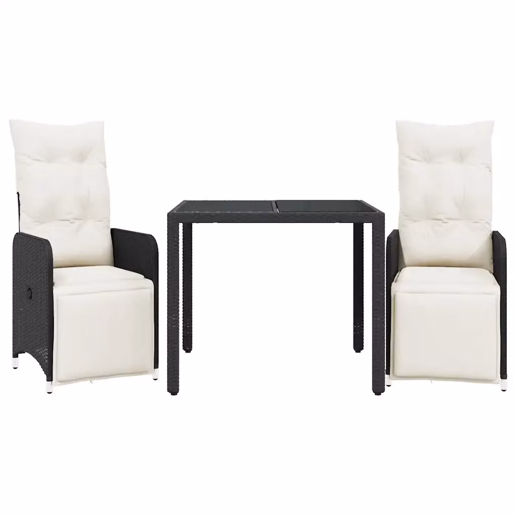Set Bistrò da Giardino e Balcone 3 pz vidaXL in Polyrattan Nero con Piano in Vetro e Cuscini – 2