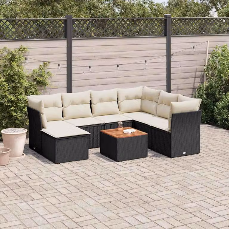 Set di Divani da Giardino a L vidaXL in Polyrattan Nero con 8 Cuscini e Tavolino da Esterno