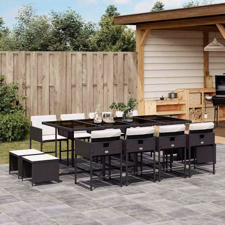 vidaXL Set da Pranzo da Giardino 13pz in Polyrattan Nero con Cuscini e Tavolo in Vetro