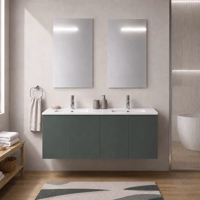 Mobile bagno sospeso 120cm quattro ante verde e lavabo doppio Tierra