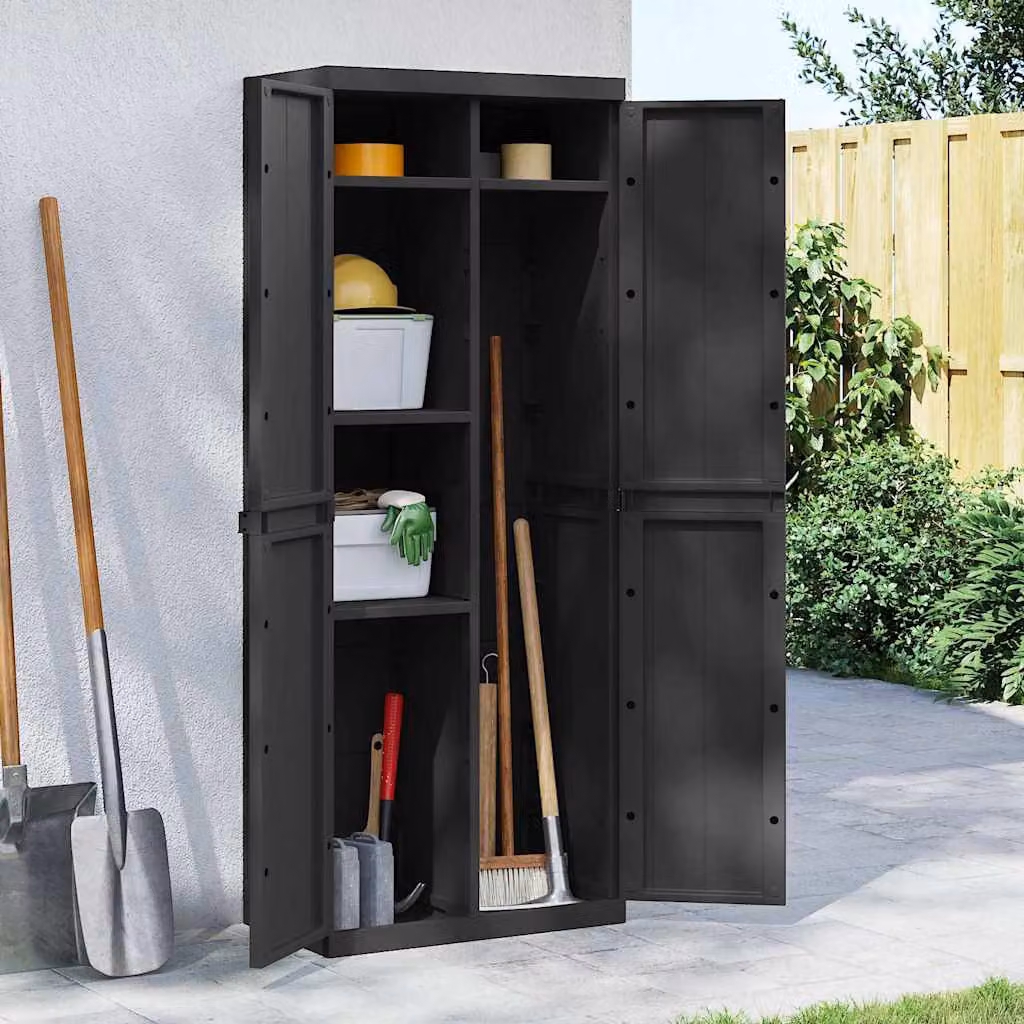 Armadio da esterno vidaXL in plastica nera con ripiani interni e serratura L/P/H: 65 x 37 x 165 cm