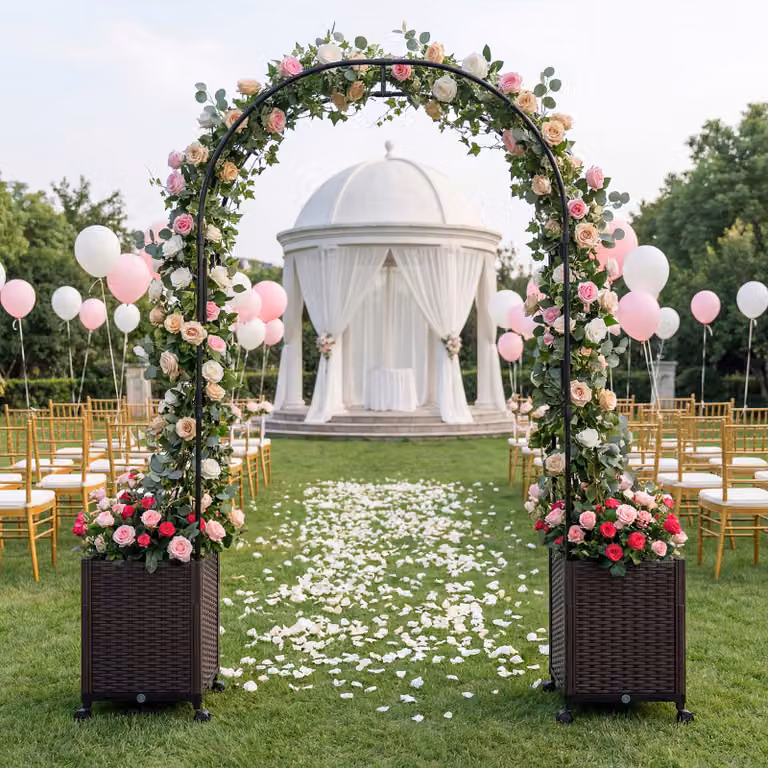 Arco per piante rampicanti Costway in metallo nero con 2 fioriere in plastica e 4 ruote universali con freni per decorazione giardino esterno