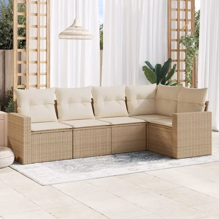 vidaXL Set Divano da Giardino a L 5 pz con Cuscini Beige e Struttura in Metallo e Polyrattan
