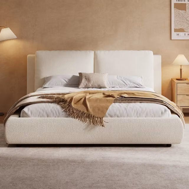 Letto Contenitore REDOM in Bouclé Beige con Rete a Doghe L/P: 180 x 200 cm – 1