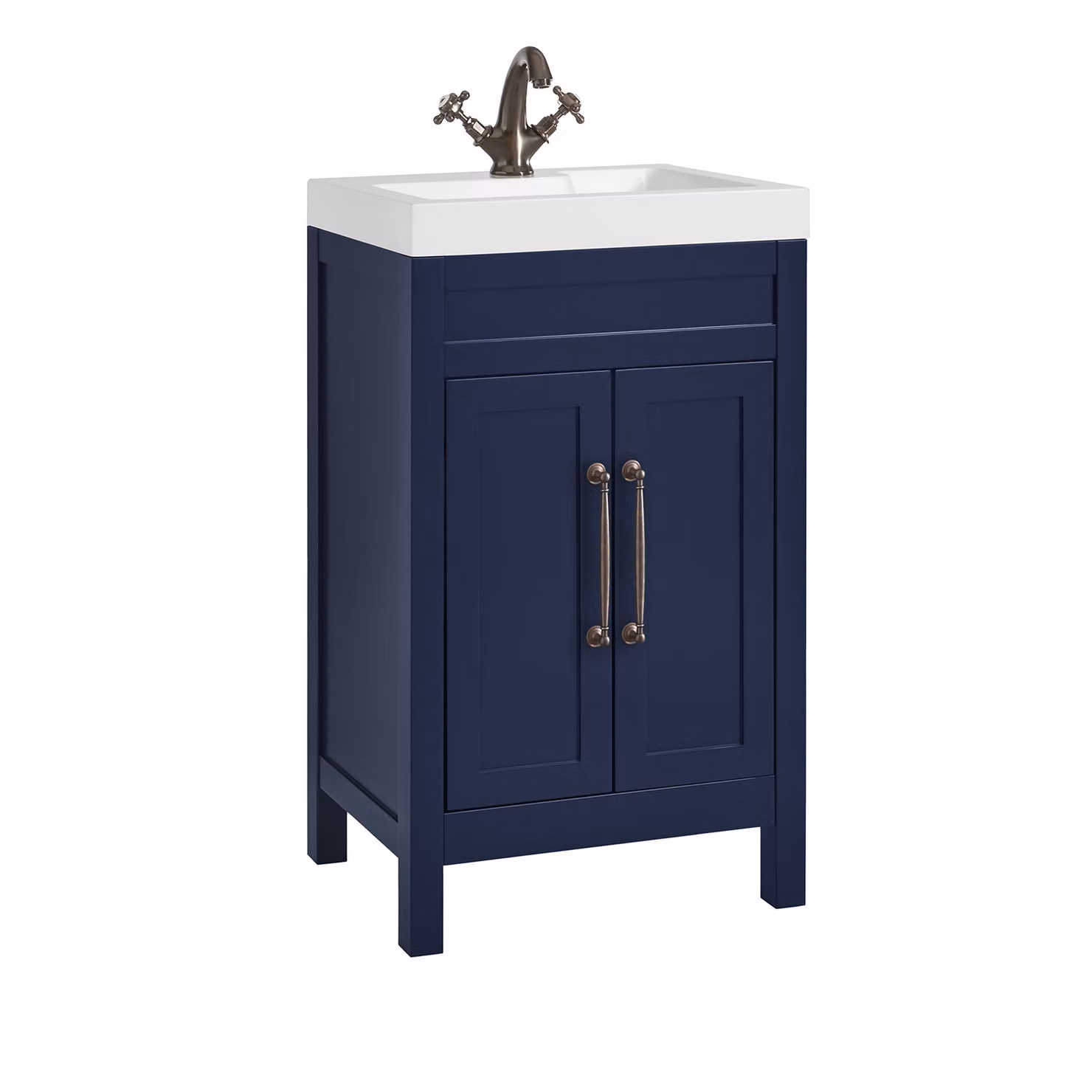 Mobile Bagno Blu Marino da 500mm con Lavabo e Maniglia Classica con Barra a T in in Bronzo Spazzolato - Warwick