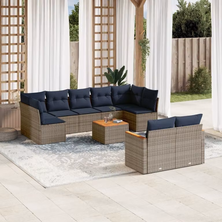 Set di divani da giardino vidaXL a forma di U composto da 10 pezzi con cuscini e tavolino da caffè, colore grigio e blu, in rattan con struttura in metallo e legno di acacia