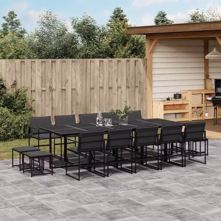 Set da Pranzo da Giardino vidaXL 15 pz in Acciaio Verniciato Nero e Grigio con Piano in Vetro