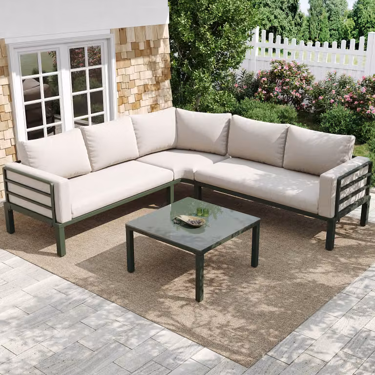 MODFU Set di mobili da giardino (4-5 posti), set da salotto da giardino, mobili da giardino, mobili da balcone, telaio in ferro zincato, con gambe regolabili e cuscini, beige + verde