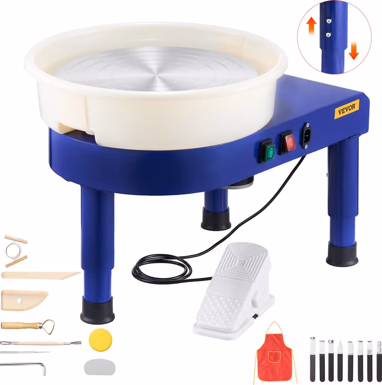 VEVOR tornio per Vetroceramica con pedale e piedini di sollevamento regolabili e ciotola rimovibile (35 cm) velocità 60-300 rpm, set completo di accessori per l'artigianato fai da te blu