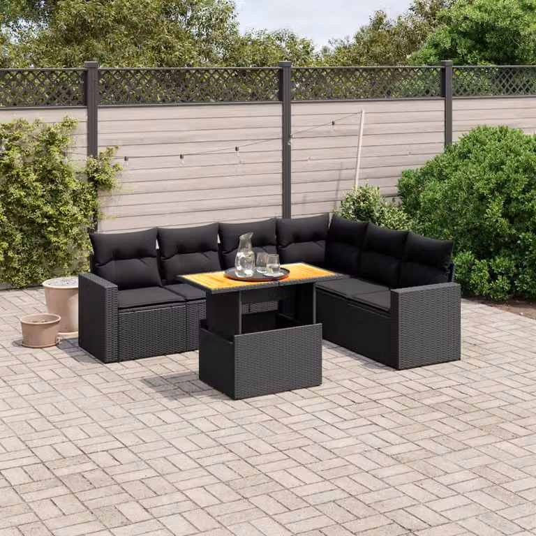 Set Divani da Giardino a L vidaXL in Polyrattan Nero con 7 Cuscini e Tavolino da Esterno