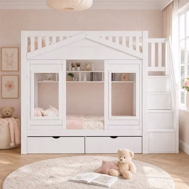 Desviae Letto a soppalco per bambini 90 × 200 cm con scala contenitore, cassetto, protezione anticaduta e rete a doghe