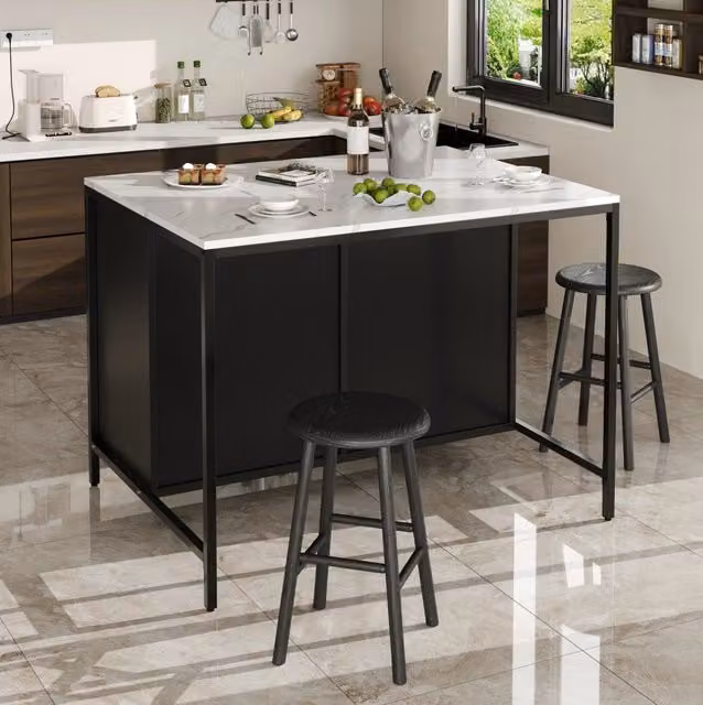 Tavolo da Cucina Nero con Piano in MDF Effetto Marmo, 100x90x90 cm, con Cassetti e Ripiani Regolabili