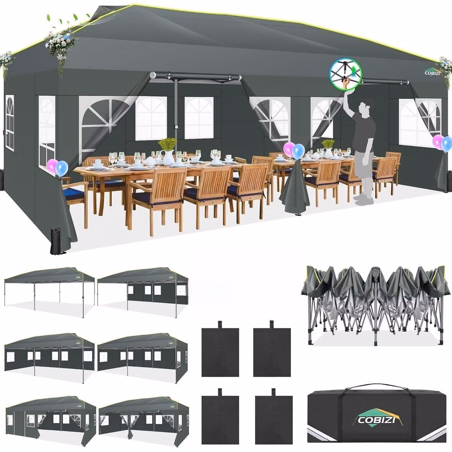 Tenda da giardino 3x6 metri, grigia, impermeabile, resistente alle intemperie, con 6 pareti laterali e apertura di ventilazione
