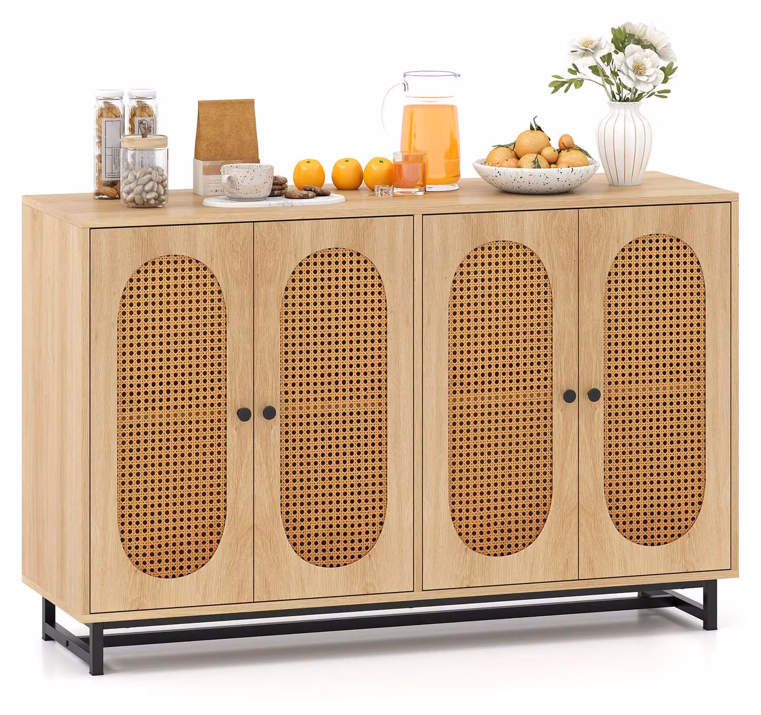 KOMFOTTEU, mobiletto buffet, armadio per la cucina con ante in rattan PE, credenza in legno con ripiani regolabili, mobile per il soggiorno 108 x 38 x 81 cm, mobiletto contenitore per cucina, sala da pranzo e soggiorno