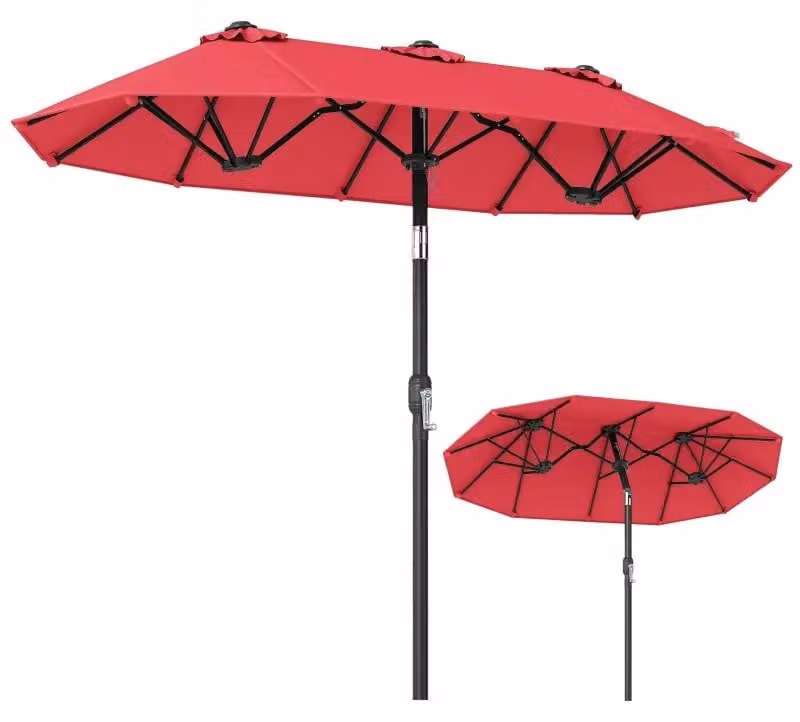 Ombrellone doppio con maniglia e 12 stecche, modello NP13306WN, dimensioni 300 x 160 cm, colore rosso