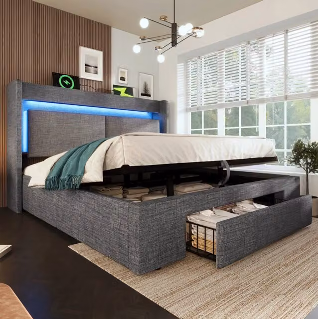 Letto imbottito ULEVR 160x200 cm con contenitore idraulico, cassetto, LED, USB e USB-C, lino grigio
